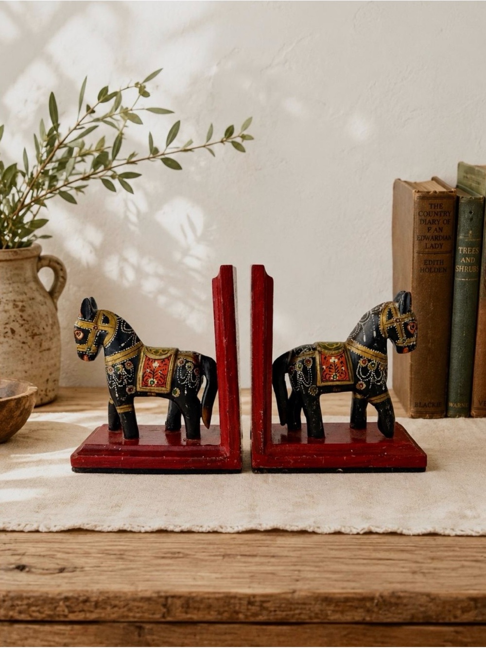 Hand Crafted Vintage Black & Red Horse Bookends with Gold Accents